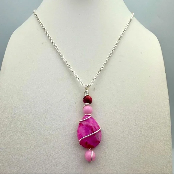 Wire-Wrapped Pink Gemstone Teardrop Pendant Necklace - Picture 1 of 6